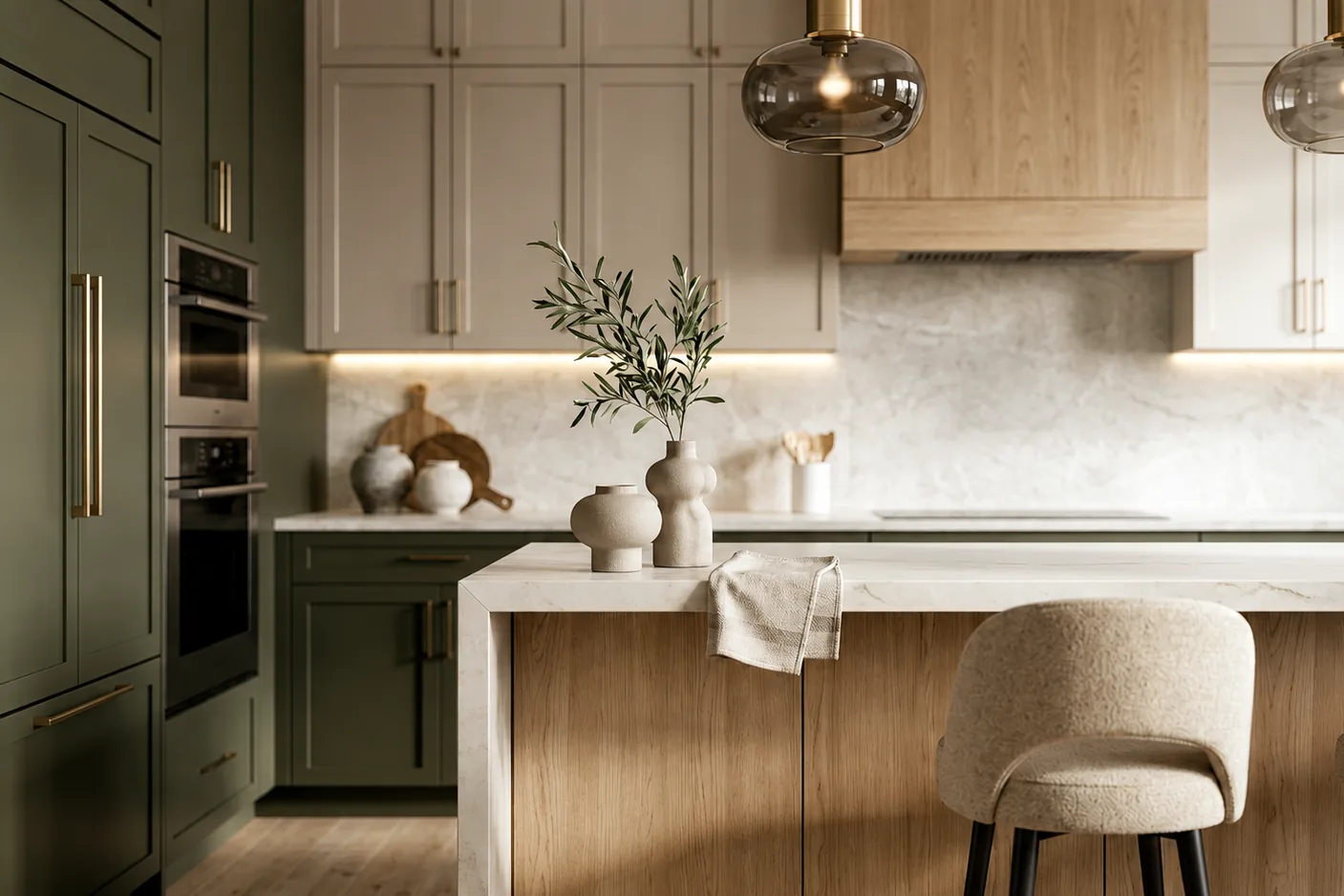 M.ALABBAR kitchen design, olive cabinetry with warm wood island detail